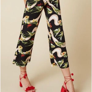 Reformation Talitha "Parrot" Pants Cropped Bird Print Wide Leg Black Green 4